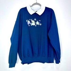 Vintage Grannycore Grandma Sweater Snowman Embroidered Collared Top Stitch 3XL